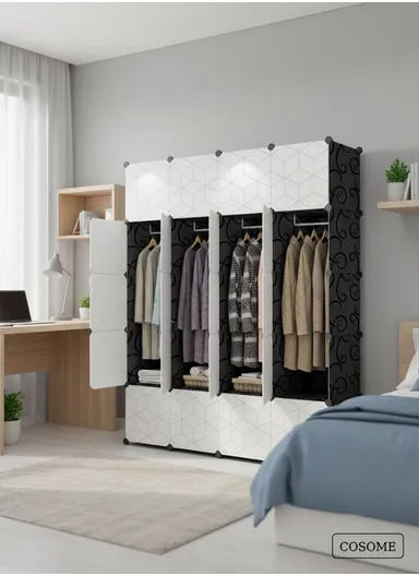 8-Cubes 3-Shelves Heavy-Duty Durable DIY Portable Closet Wardrobe Bedroom Storage Organizer with 4 Hanging Rods (W146 x D37 x H181.5)cm - Black &amp; White