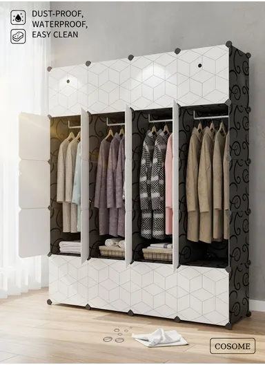 8-Cubes 3-Shelves Heavy-Duty Durable DIY Portable Closet Wardrobe Bedroom Storage Organizer with 4 Hanging Rods (W146 x D37 x H181.5)cm - Black &amp; White