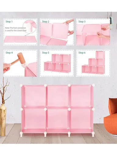 6 Cubes 2 Columns 3 Rows Waterproof DIY Plastic Storage Cabinet (W75 x D37 x H110)cm - Pink