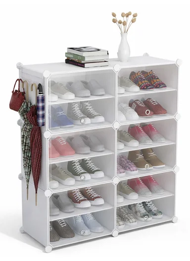12-Layer 6 Cubes Heavy-Duty Shoe Stand With Hanger Portable, Convertible with Doors, Shoe Rack, Strong Lightweight, Wardrobe Organizer Storage Box JL-2004 (W85 x D32 x H96)cm - White