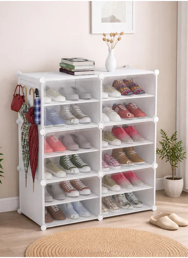 12-Layer 6 Cubes Heavy-Duty Shoe Stand With Hanger Portable, Convertible with Doors, Shoe Rack, Strong Lightweight, Wardrobe Organizer Storage Box JL-2004 (W85 x D32 x H96)cm - White