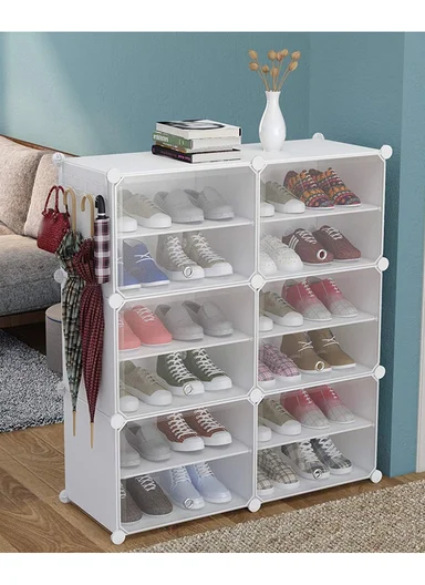 12-Layer 6 Cubes Heavy-Duty Shoe Stand With Hanger Portable, Convertible with Doors, Shoe Rack, Strong Lightweight, Wardrobe Organizer Storage Box JL-2004 (W85 x D32 x H96)cm - White