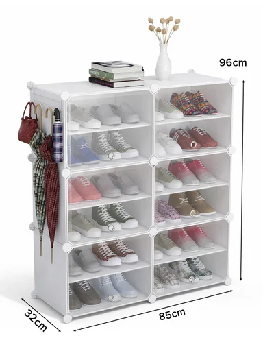 12-Layer 6 Cubes Heavy-Duty Shoe Stand With Hanger Portable, Convertible with Doors, Shoe Rack, Strong Lightweight, Wardrobe Organizer Storage Box JL-2004 (W85 x D32 x H96)cm - White