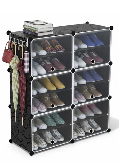 12-Layer 6 Cubes Heavy-Duty Shoe Stand With Hanger Portable, Convertible with Doors, Shoe Rack, Strong Lightweight, Wardrobe Organizer Storage Box JL-2004 (W85 x D32 x H96)cm - Black