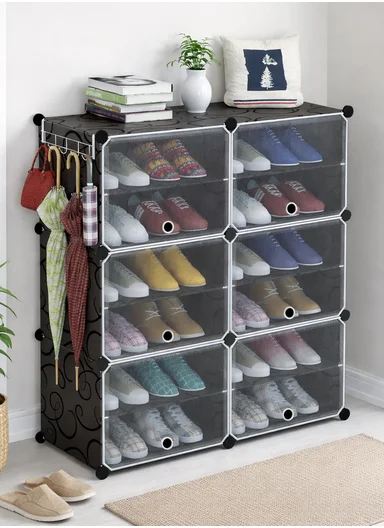 12-Layer 6 Cubes Heavy-Duty Shoe Stand With Hanger Portable, Convertible with Doors, Shoe Rack, Strong Lightweight, Wardrobe Organizer Storage Box JL-2004 (W85 x D32 x H96)cm - Black