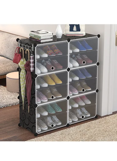 12-Layer 6 Cubes Heavy-Duty Shoe Stand With Hanger Portable, Convertible with Doors, Shoe Rack, Strong Lightweight, Wardrobe Organizer Storage Box JL-2004 (W85 x D32 x H96)cm - Black