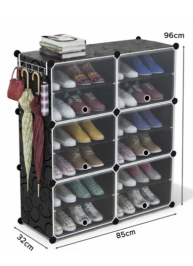 12-Layer 6 Cubes Heavy-Duty Shoe Stand With Hanger Portable, Convertible with Doors, Shoe Rack, Strong Lightweight, Wardrobe Organizer Storage Box JL-2004 (W85 x D32 x H96)cm - Black