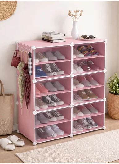 12-Layer 6 Cubes Heavy-Duty Shoe Stand With Hanger Portable, Convertible with Doors, Shoe Rack, Strong Lightweight, Wardrobe Organizer Storage Box JL-2004 (W85 x D32 x H96)cm - Pink