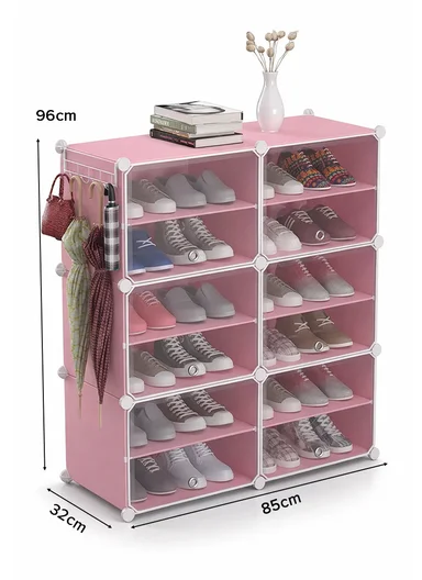 12-Layer 6 Cubes Heavy-Duty Shoe Stand With Hanger Portable, Convertible with Doors, Shoe Rack, Strong Lightweight, Wardrobe Organizer Storage Box JL-2004 (W85 x D32 x H96)cm - Pink