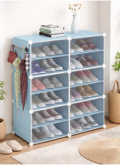 12-Layer 6 Cubes Heavy-Duty Shoe Stand With Hanger Portable, Convertible with Doors, Shoe Rack, Strong Lightweight, Wardrobe Organizer Storage Box JL-2004 (W85 x D32 x H96)cm - Blue