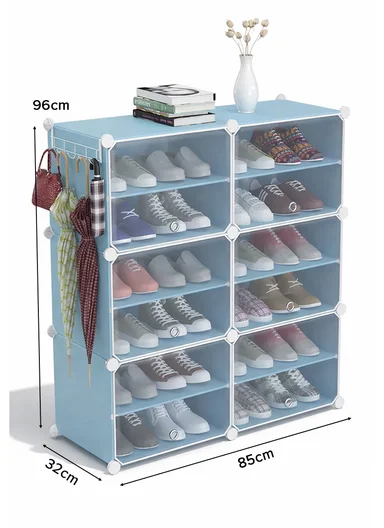 12-Layer 6 Cubes Heavy-Duty Shoe Stand With Hanger Portable, Convertible with Doors, Shoe Rack, Strong Lightweight, Wardrobe Organizer Storage Box JL-2004 (W85 x D32 x H96)cm - Blue