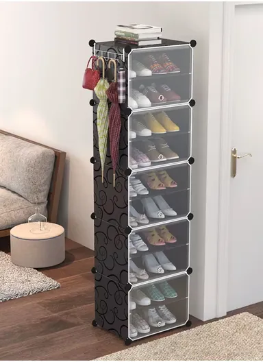 10-Layer 5 Cubes Heavy-Duty Shoe Stand With Hanger Portable, Convertible with Doors, Shoe Rack, Strong Lightweight, Wardrobe Organizer Storage Box JL-2003 (W44.5 x D32 x H156.5)cm - Black