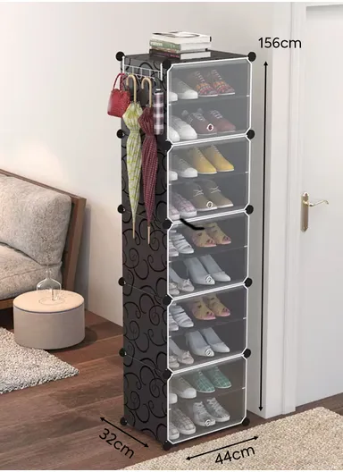 10-Layer 5 Cubes Heavy-Duty Shoe Stand With Hanger Portable, Convertible with Doors, Shoe Rack, Strong Lightweight, Wardrobe Organizer Storage Box JL-2003 (W44.5 x D32 x H156.5)cm - Black