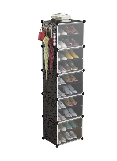 10-Layer 5 Cubes Heavy-Duty Shoe Stand With Hanger Portable, Convertible with Doors, Shoe Rack, Strong Lightweight, Wardrobe Organizer Storage Box JL-2003 (W44.5 x D32 x H156.5)cm - Black