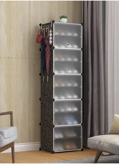 10-Layer 5 Cubes Heavy-Duty Shoe Stand With Hanger Portable, Convertible with Doors, Shoe Rack, Strong Lightweight, Wardrobe Organizer Storage Box JL-2003 (W44.5 x D32 x H156.5)cm - Black