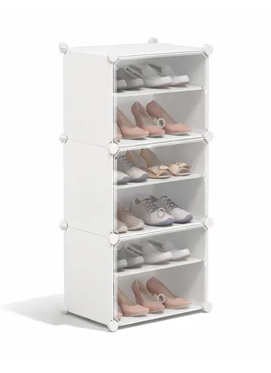 6-Layer 3 Cubes Heavy-Duty Shoe Stand With Hanger Portable, Wardrobe Organizer Storage Box (W40 x D32 x H95)cm - White