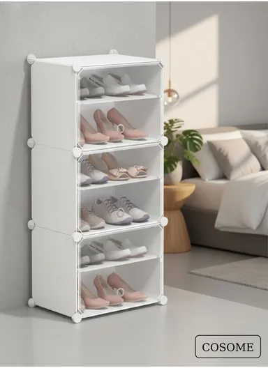 6-Layer 3 Cubes Heavy-Duty Shoe Stand With Hanger Portable, Wardrobe Organizer Storage Box (W40 x D32 x H95)cm - White