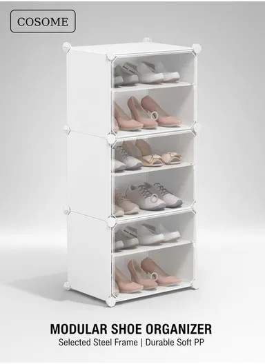 6-Layer 3 Cubes Heavy-Duty Shoe Stand With Hanger Portable, Wardrobe Organizer Storage Box (W40 x D32 x H95)cm - White