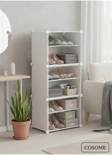 6-Layer 3 Cubes Heavy-Duty Shoe Stand With Hanger Portable, Wardrobe Organizer Storage Box (W40 x D32 x H95)cm - White