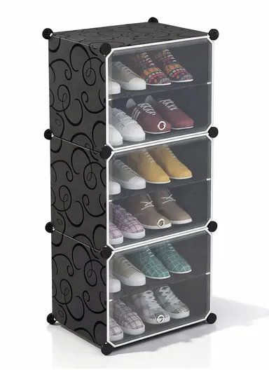 6-Layer 3 Cubes Heavy-Duty Shoe Stand With Hanger Portable, Wardrobe Organizer Storage Box (W40 x D32 x H95)cm - Black