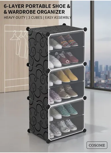 6-Layer 3 Cubes Heavy-Duty Shoe Stand With Hanger Portable, Wardrobe Organizer Storage Box (W40 x D32 x H95)cm - Black