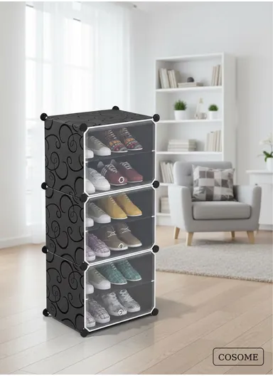 6-Layer 3 Cubes Heavy-Duty Shoe Stand With Hanger Portable, Wardrobe Organizer Storage Box (W40 x D32 x H95)cm - Black