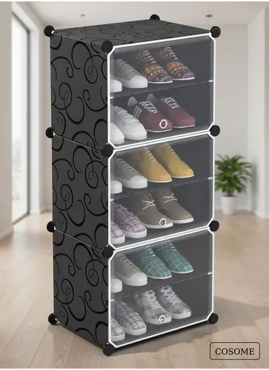 6-Layer 3 Cubes Heavy-Duty Shoe Stand With Hanger Portable, Wardrobe Organizer Storage Box (W40 x D32 x H95)cm - Black