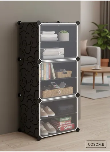 6-Layer 3 Cubes Heavy-Duty Shoe Stand With Hanger Portable, Wardrobe Organizer Storage Box (W40 x D32 x H95)cm - Black