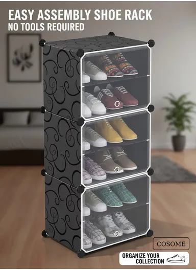 6-Layer 3 Cubes Heavy-Duty Shoe Stand With Hanger Portable, Wardrobe Organizer Storage Box (W40 x D32 x H95)cm - Black