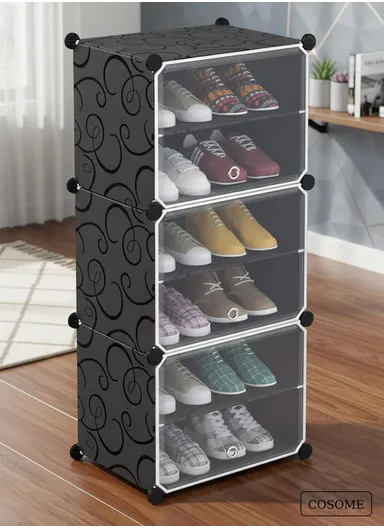 6-Layer 3 Cubes Heavy-Duty Shoe Stand With Hanger Portable, Wardrobe Organizer Storage Box (W40 x D32 x H95)cm - Black