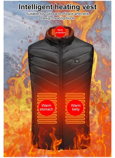 2 Heating Zones Electric Thermal Vest, USB Powerd Heated Jacket with 3 Heat Levels for Outdoors - Black