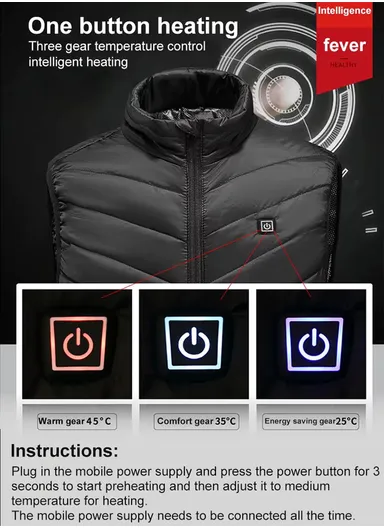 2 Heating Zones Electric Thermal Vest, USB Powerd Heated Jacket with 3 Heat Levels for Outdoors - Black