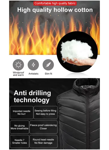 4 Heating Zones Electric Thermal Vest, USB Powerd Heated Jacket with 3 Heat Levels for Outdoors - Black