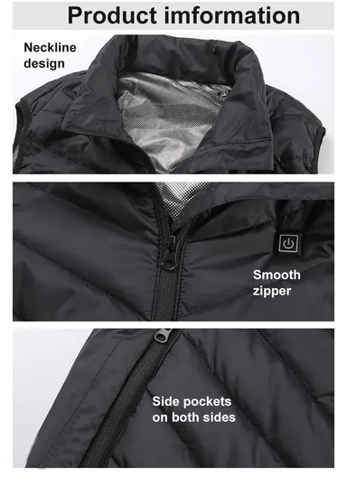 4 Heating Zones Electric Thermal Vest, USB Powerd Heated Jacket with 3 Heat Levels for Outdoors - Black