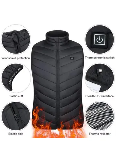 4 Heating Zones Electric Thermal Vest, USB Powerd Heated Jacket with 3 Heat Levels for Outdoors - Black