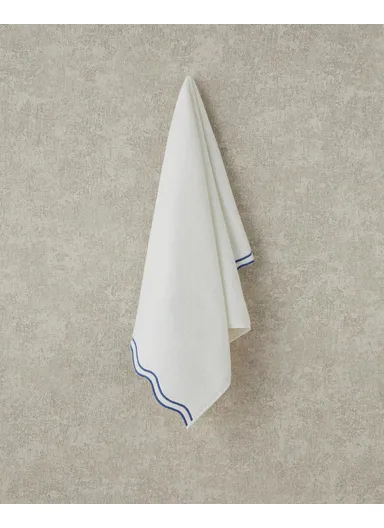 Retro Waves Cotton Embroidered Face Towel 50x80 cm Ecru - Blue