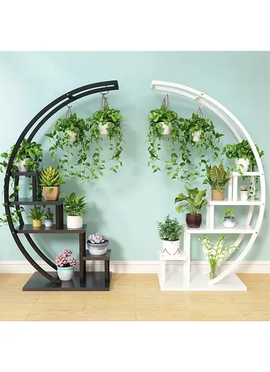 5 Shelves Semicircle Frame Flower Rack, Vertical Plant Stand, Multiple Stand Holder for Living Room, Patio, Front Porch, or Inside Your Home Decoration (W60 x D33 x H145)cm - Black