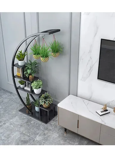 5 Shelves Semicircle Frame Flower Rack, Vertical Plant Stand, Multiple Stand Holder for Living Room, Patio, Front Porch, or Inside Your Home Decoration (W60 x D33 x H145)cm - Black