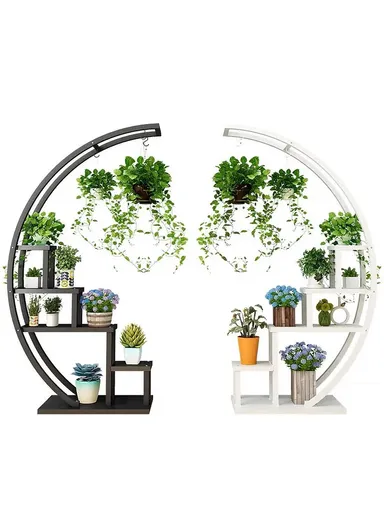 5 Shelves Semicircle Frame Flower Rack, Vertical Plant Stand, Multiple Stand Holder for Living Room, Patio, Front Porch, or Inside Your Home Decoration (W60 x D33 x H145)cm - Black
