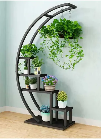 5 Shelves Semicircle Frame Flower Rack, Vertical Plant Stand, Multiple Stand Holder for Living Room, Patio, Front Porch, or Inside Your Home Decoration (W60 x D33 x H145)cm - Black