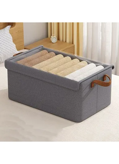 Foldable Steel Frame Cationic Cloth Clothes Storage Box with Lid Closet Wardrobe Dustproof Organizer - Grey