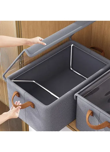 Foldable Steel Frame Cationic Cloth Clothes Storage Box with Lid Closet Wardrobe Dustproof Organizer - Grey
