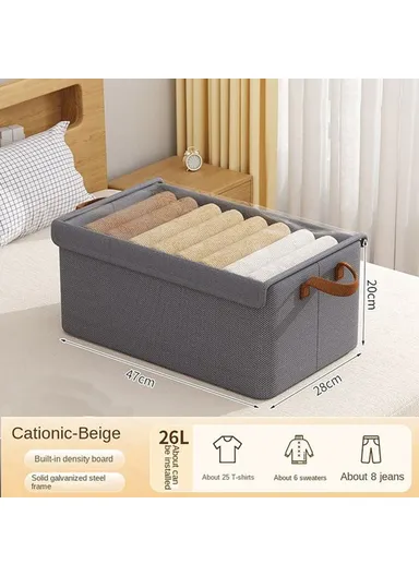Foldable Steel Frame Cationic Cloth Clothes Storage Box with Lid Closet Wardrobe Dustproof Organizer - Grey