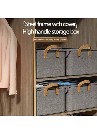 Foldable Steel Frame Cationic Cloth Clothes Storage Box with Lid Closet Wardrobe Dustproof Organizer - Grey