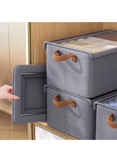 Foldable Steel Frame Cationic Cloth Clothes Storage Box with Lid Closet Wardrobe Dustproof Organizer - Grey