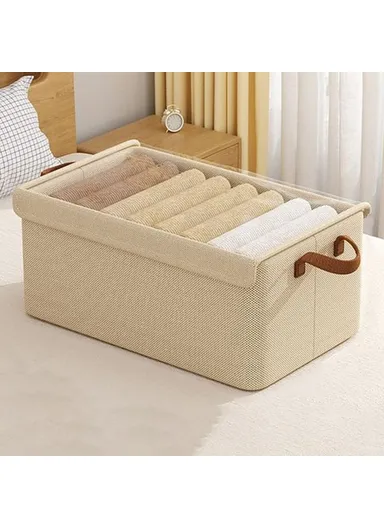 Foldable Steel Frame Cationic Cloth Clothes Storage Box with Lid Closet Wardrobe Dustproof Organizer - Beige