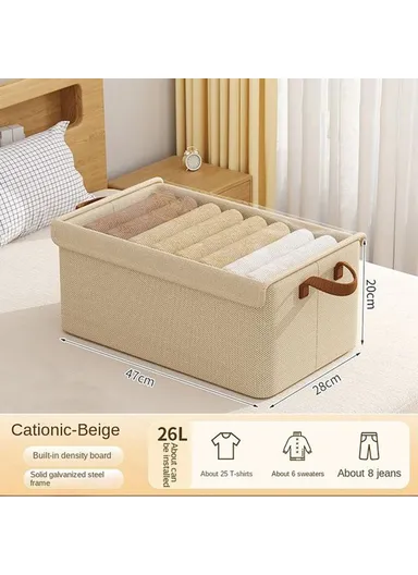 Foldable Steel Frame Cationic Cloth Clothes Storage Box with Lid Closet Wardrobe Dustproof Organizer - Beige