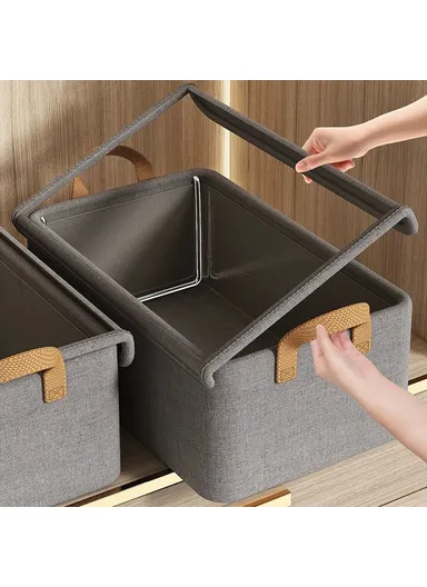 Foldable Steel Frame Cationic Cloth Clothes Storage Box with Lid Closet Wardrobe Dustproof Organizer - Beige