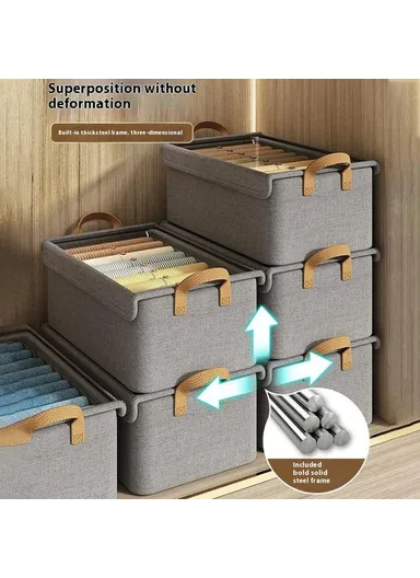 Foldable Steel Frame Cationic Cloth Clothes Storage Box with Lid Closet Wardrobe Dustproof Organizer - Beige