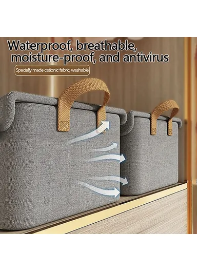 Foldable Steel Frame Cationic Cloth Clothes Storage Box with Lid Closet Wardrobe Dustproof Organizer - Beige